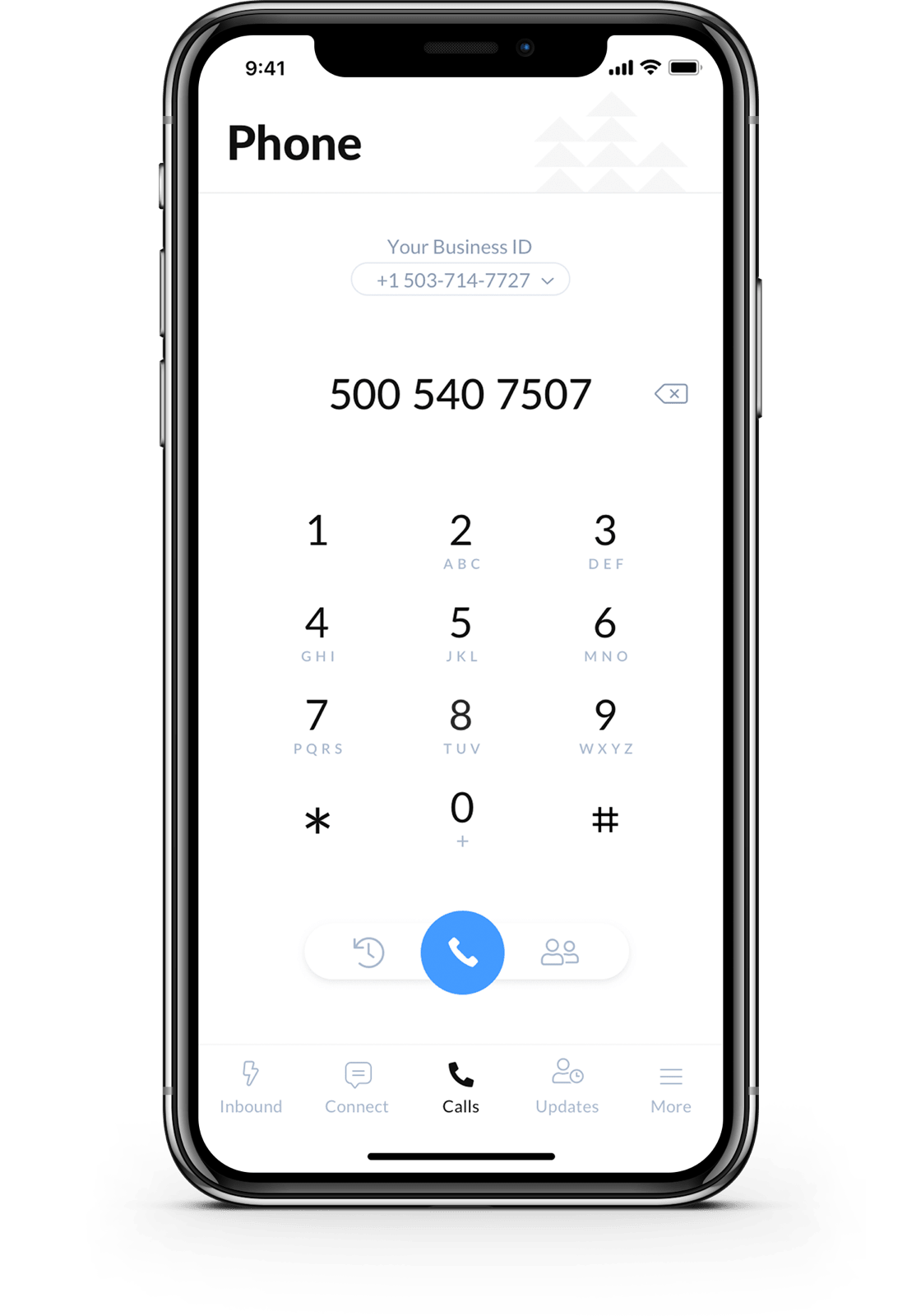Calls section of the app with number on mobile screen